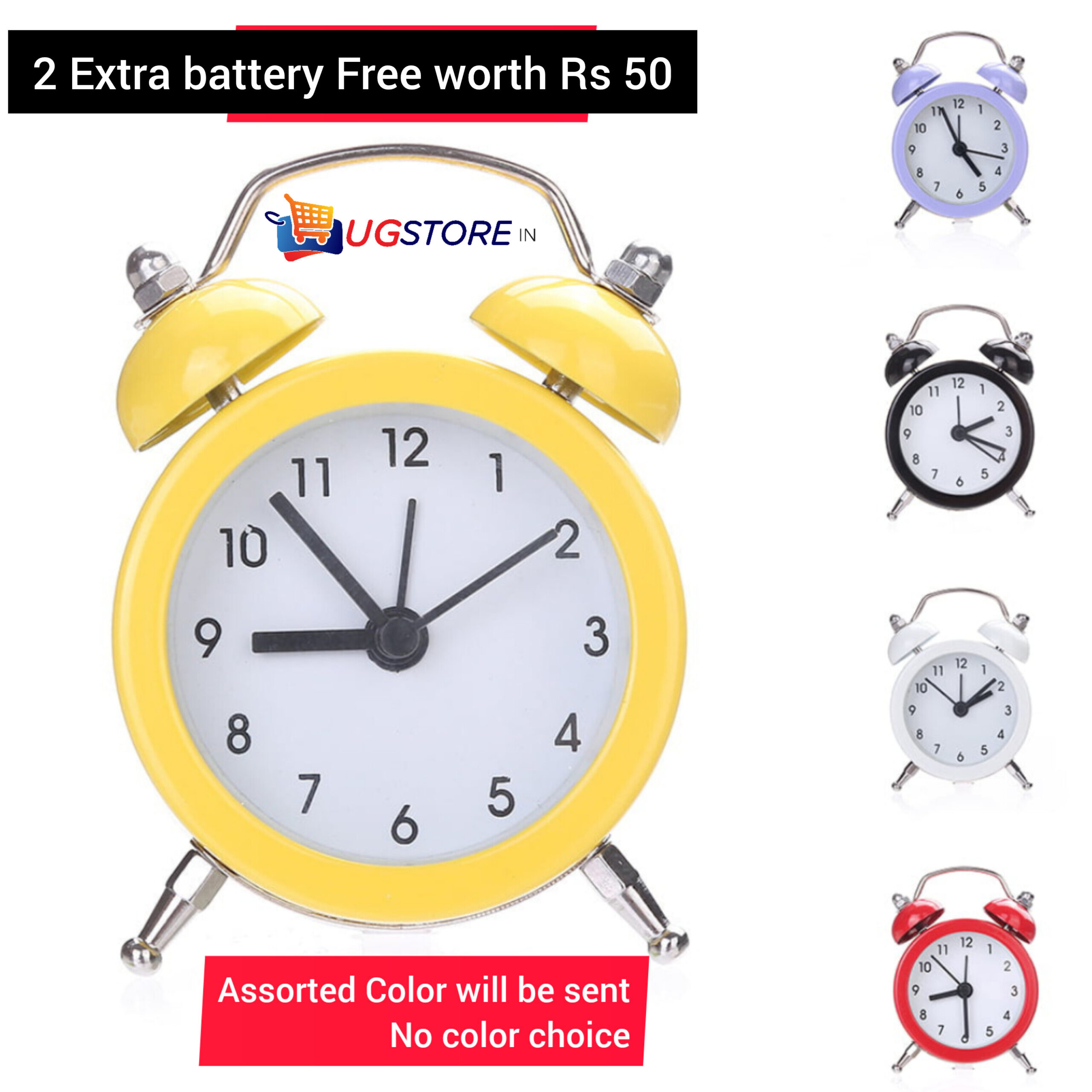 UGSTORE Mini Round Metal Alarm Clock Desk Stand Clock for Home Room Kitchen Office – Assorted Color – 2 extra battery free