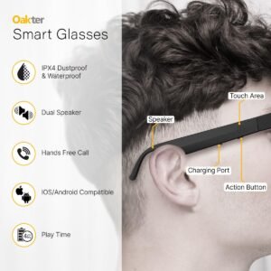 OAKTER Smart Glasses with Wireless Bluetooth | Hands-Free Calling | Open Ear Music | Sport Headset | Intelligent Eyewear | Connect with Your Mobile/Tablet | Black
