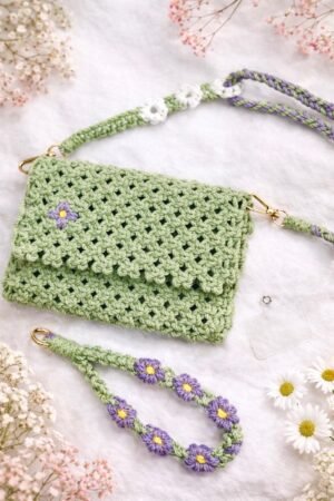 Handcrafted Macrame Sage Green Clutch Bag with floral multipurpose strap and wristlet mobile hanger