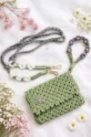 Handcrafted Macrame Sage Green Clutch Bag with floral multipurpose strap and wristlet mobile hanger