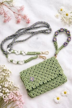 Handcrafted Macrame Sage Green Clutch Bag with floral multipurpose strap and wristlet mobile hanger