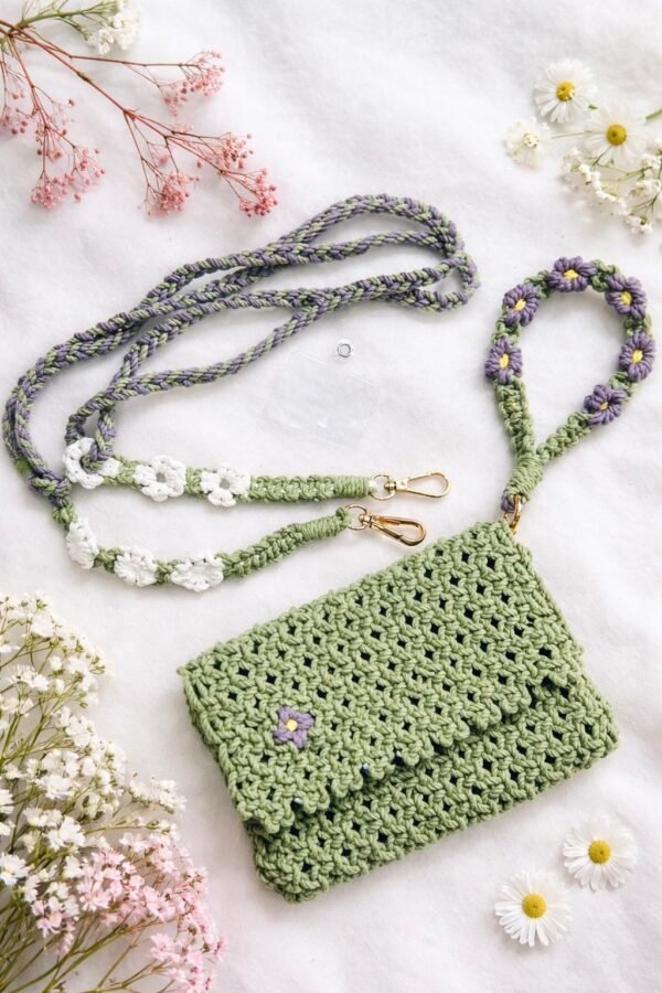 Handcrafted Macrame Sage Green Clutch Bag with floral multipurpose strap and wristlet mobile hanger