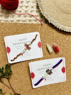 Adorable Macramé Kids Rakhi set of 2 (superhero charm with colourful alphabet beads) (Akshat roli included)