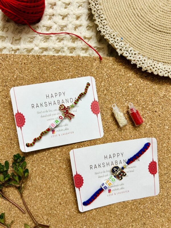 Adorable Macramé Kids Rakhi set of 2 (superhero charm with colourful alphabet beads) (Akshat roli included)