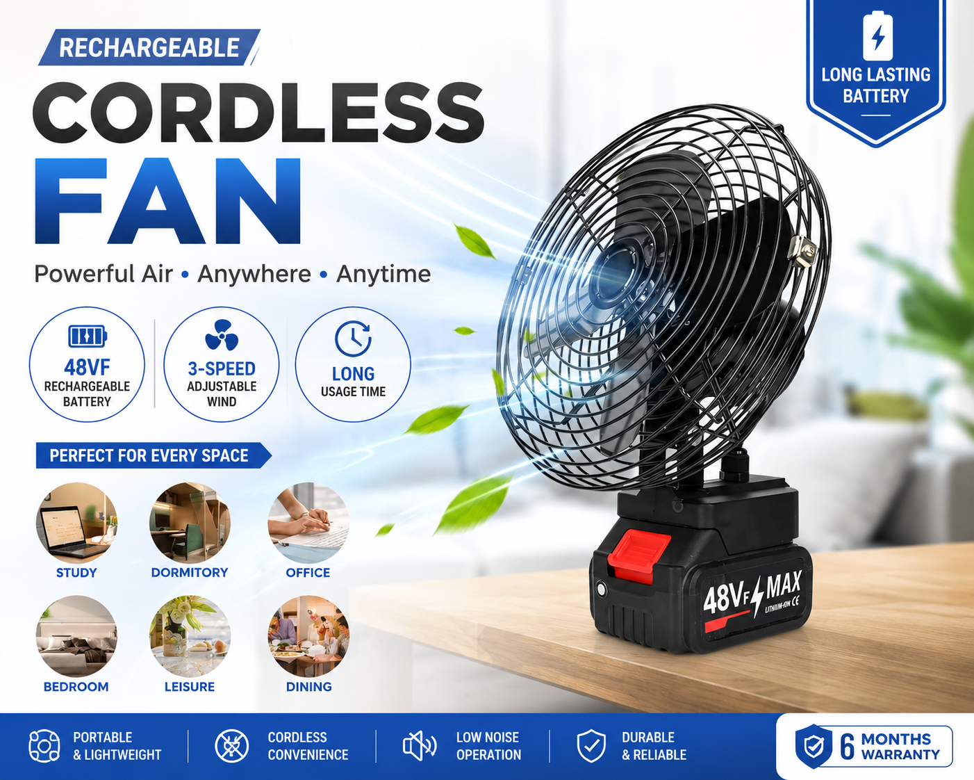 Dhwani Portable Rechargeable Table Fan, Yellow and White, 8 Inch, USB Rechargeable Battery, 3 Blades, Push Button Control, Modern Style
