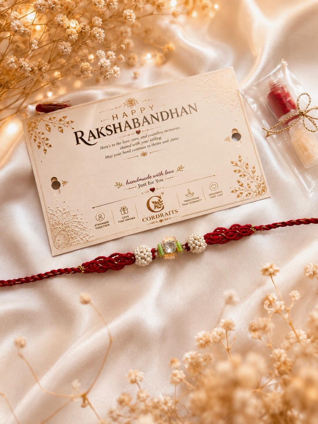 Swastik Pearl Macramé Rakhi ✨
