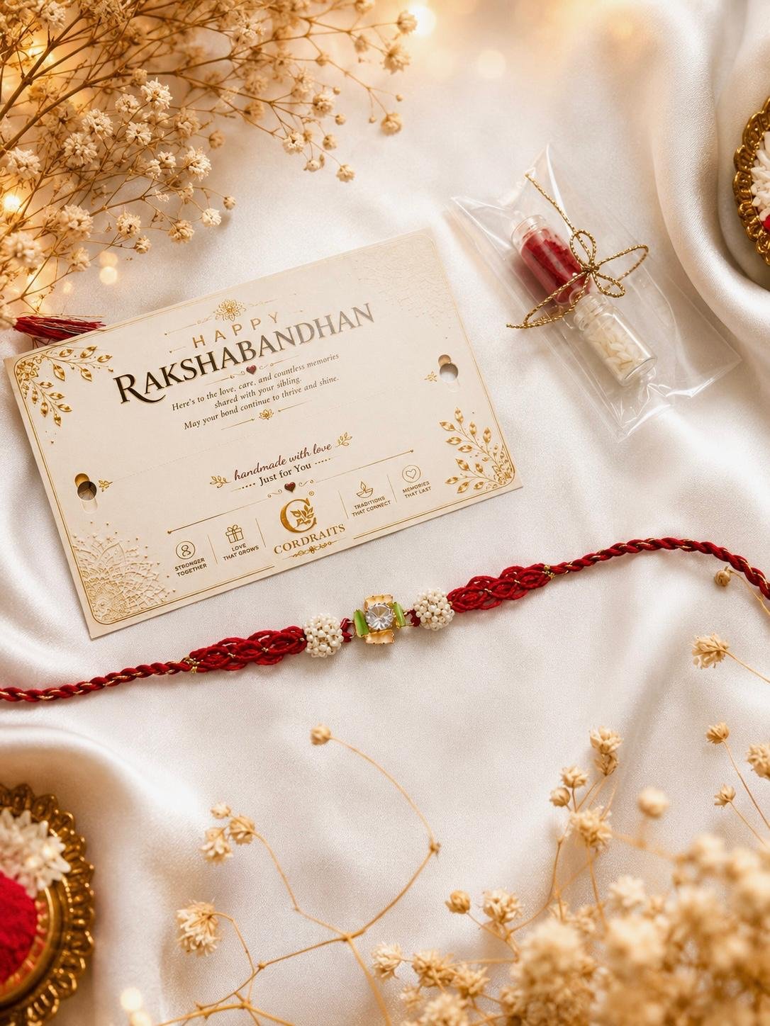 Swastik Pearl Macramé Rakhi ✨ - Image 3