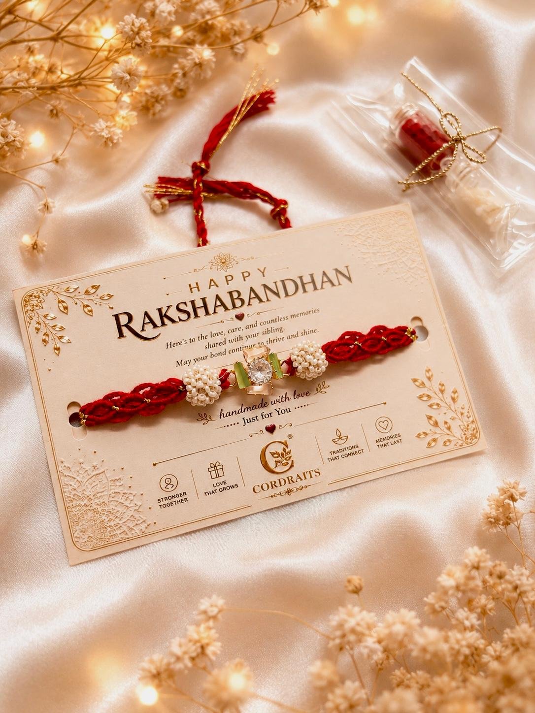 Swastik Pearl Macramé Rakhi ✨ - Image 2