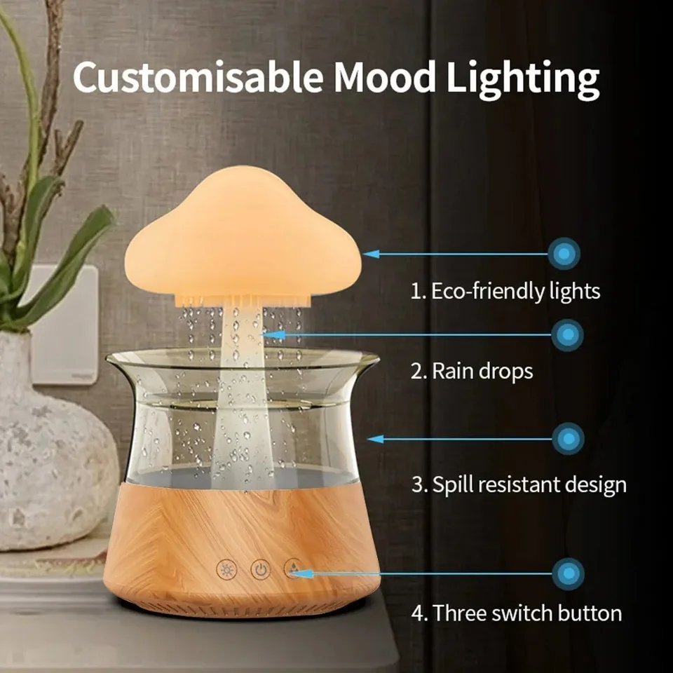 UGSTORE UFO Wooden Style Rain Cloud Humidifier Water Drip, 230ml Cloud Humidifier Rain Drop, Mushroom Smart Air Humidifier - Image 3