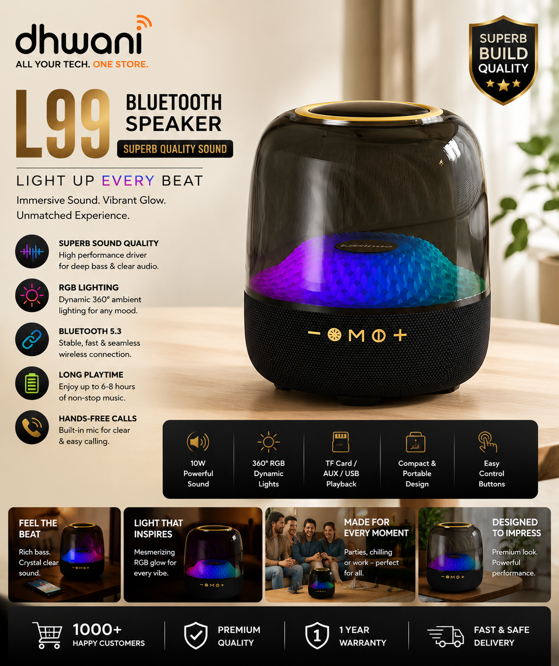 Dhwani L99 Bluetooth Speaker 5.0 | 360° RGB Lighting | Superb Sound Quality | Portable Wireless Speaker (6 Months Warranty)