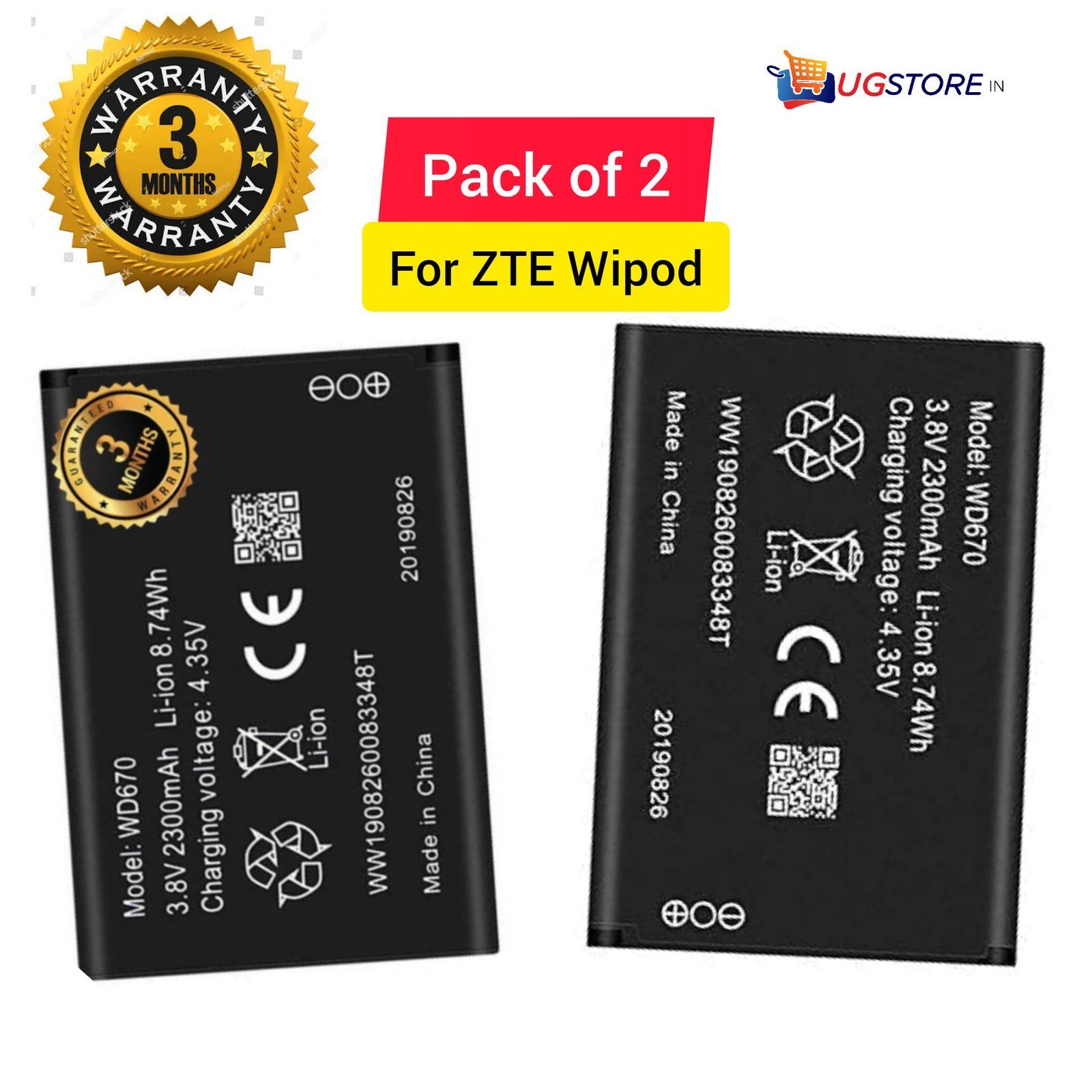 Original WD670 Battery for ZTE Jiofi 2 m2 Reliance Router WIPOD Hotspot 4G LTE 850 1800 Airtel ZTE4G Hotspot (2300mAh) - Pack of 2